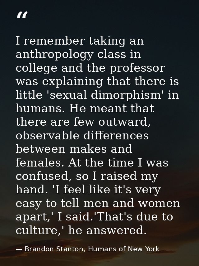 I remember taking an anthropology class in college and the professor was explaining that there is little 'sexual dimorph — Brandon Stanton, Humans of New York