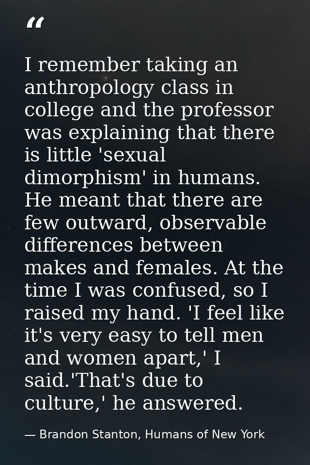 I remember taking an anthropology class in college and the professor was explaining that there is little 'sexual dimorph — Brandon Stanton, Humans of New York
