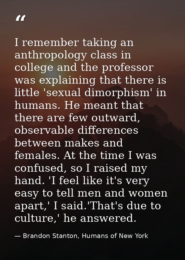 I remember taking an anthropology class in college and the professor was explaining that there is little 'sexual dimorph — Brandon Stanton, Humans of New York