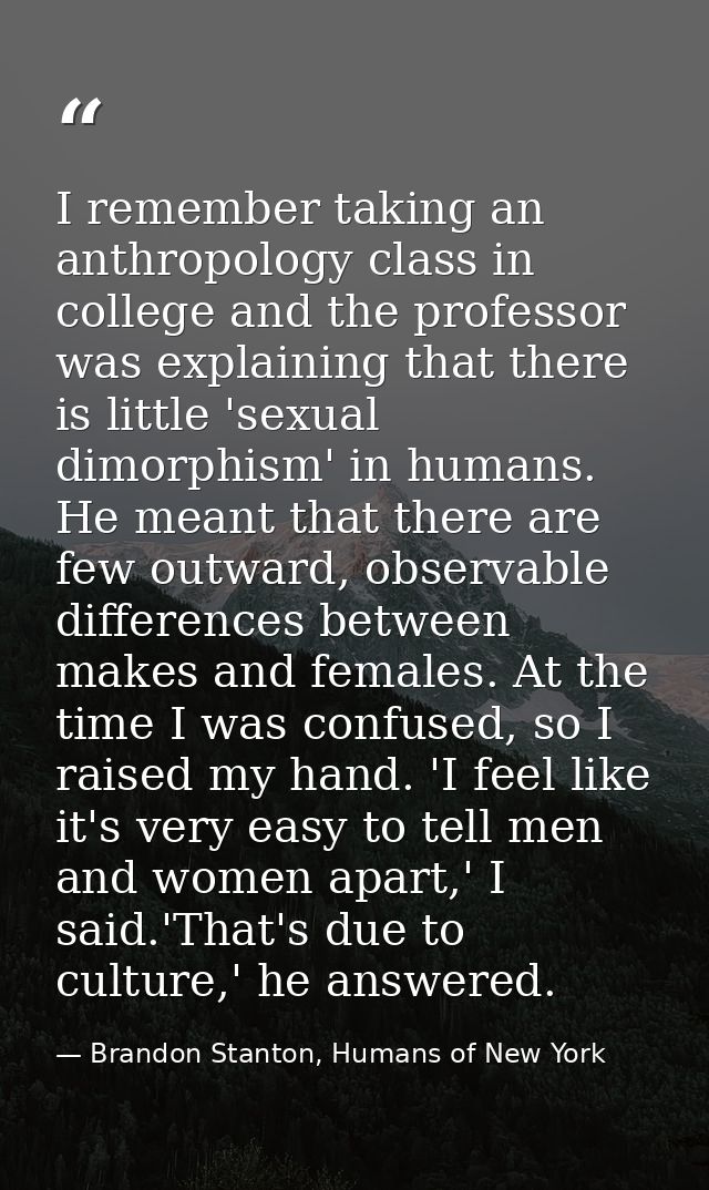 I remember taking an anthropology class in college and the professor was explaining that there is little 'sexual dimorph — Brandon Stanton, Humans of New York