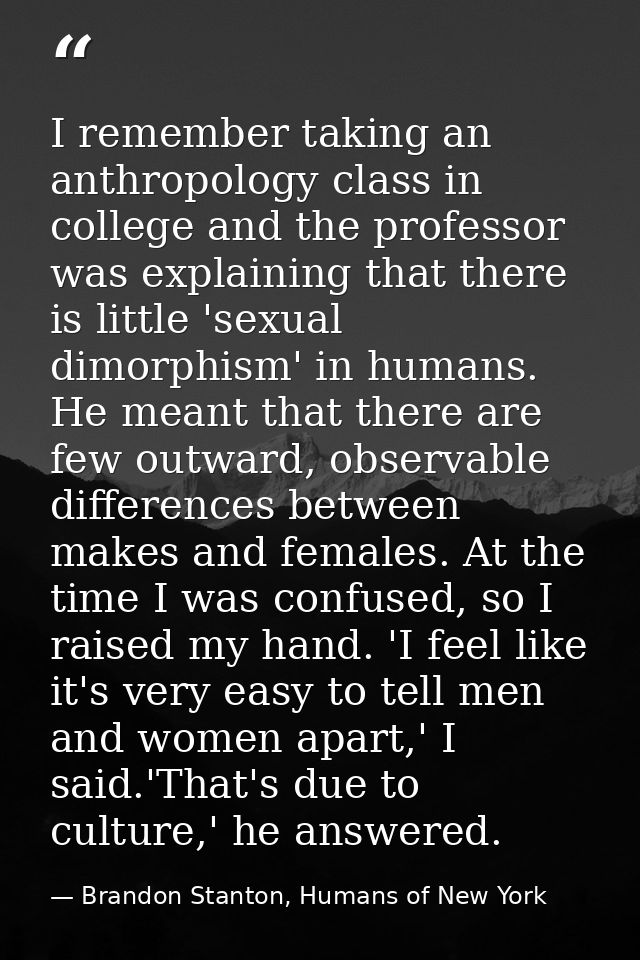I remember taking an anthropology class in college and the professor was explaining that there is little 'sexual dimorph — Brandon Stanton, Humans of New York