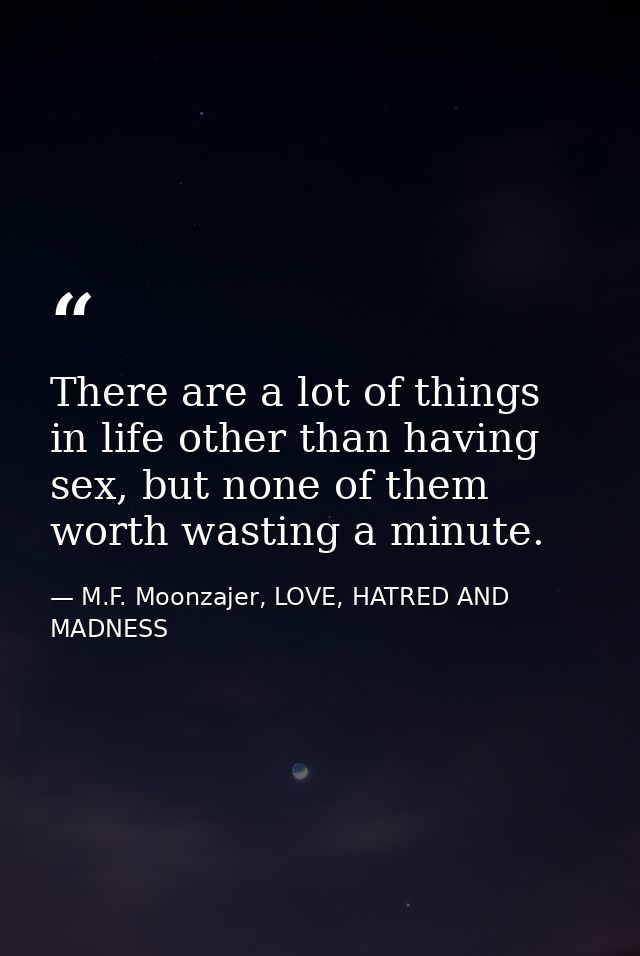 There are a lot of things in life other than having sex, but none of them worth wasting a minute. — M.F. Moonzajer, LOVE, HATRED AND MADNESS