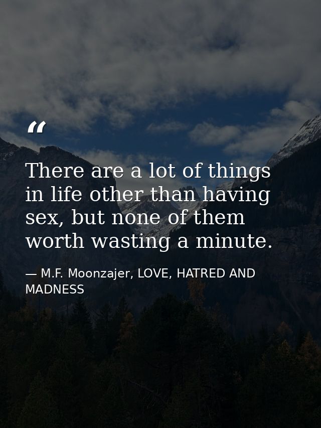 There are a lot of things in life other than having sex, but none of them worth wasting a minute. — M.F. Moonzajer, LOVE, HATRED AND MADNESS