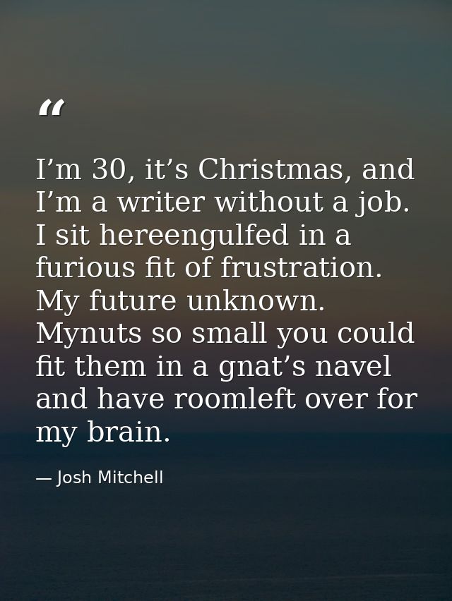 I’m 30, it’s Christmas, and I’m a writer without a job. I sit hereengulfed in a furious fit of frustration. My future un — Josh Mitchell