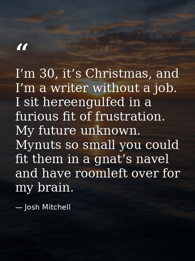 I’m 30, it’s Christmas, and I’m a writer without a job. I sit hereengulfed in a furious fit of frustration. My future un — Josh Mitchell