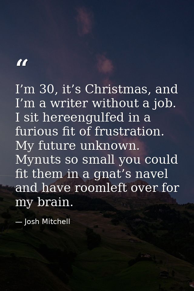 I’m 30, it’s Christmas, and I’m a writer without a job. I sit hereengulfed in a furious fit of frustration. My future un — Josh Mitchell