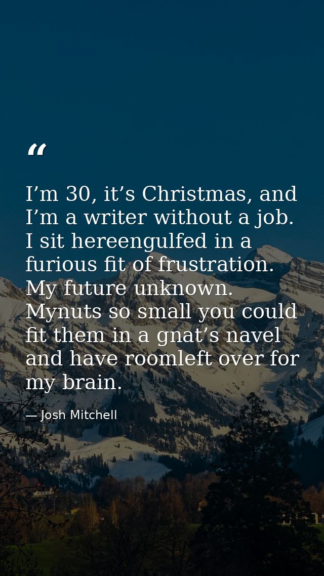 I’m 30, it’s Christmas, and I’m a writer without a job. I sit hereengulfed in a furious fit of frustration. My future un — Josh Mitchell
