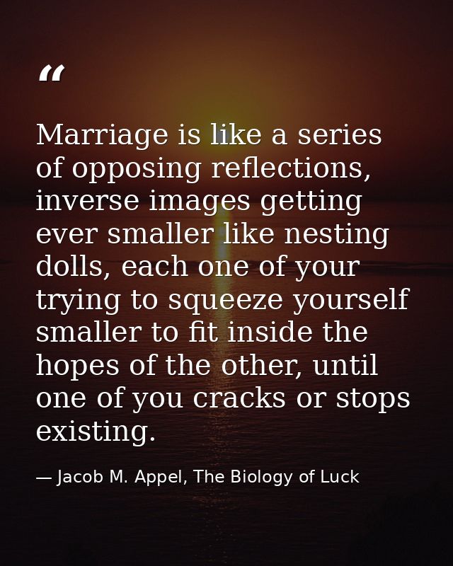 Marriage is like a series of opposing reflections, inverse images getting ever smaller like nesting dolls, each one of y — Jacob M. Appel, The Biology of Luck