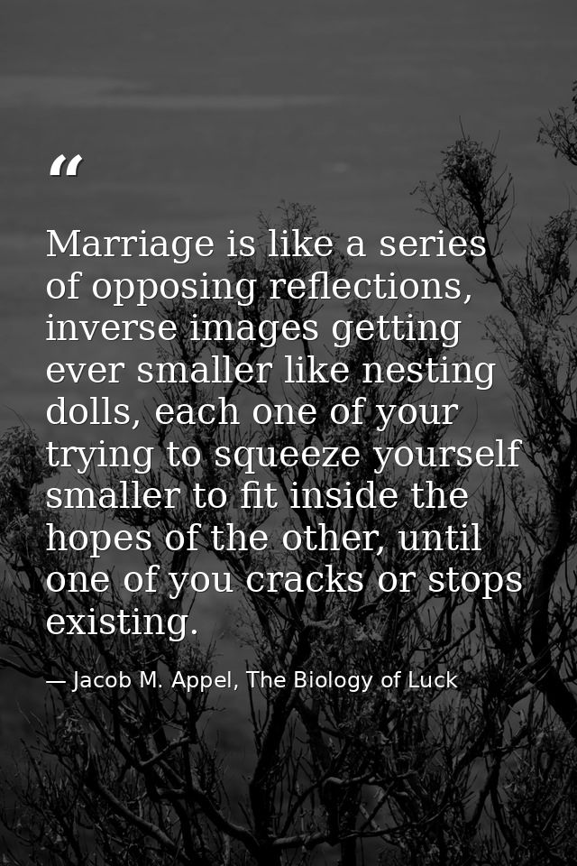Marriage is like a series of opposing reflections, inverse images getting ever smaller like nesting dolls, each one of y — Jacob M. Appel, The Biology of Luck