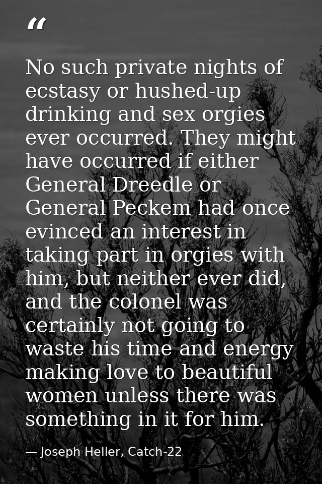 No such private nights of ecstasy or hushed-up drinking and sex orgies ever occurred. They might have occurred if either — Joseph Heller, Catch-22