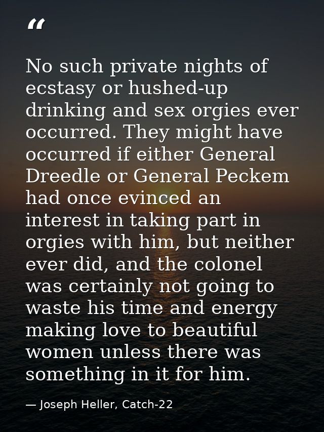 No such private nights of ecstasy or hushed-up drinking and sex orgies ever occurred. They might have occurred if either — Joseph Heller, Catch-22