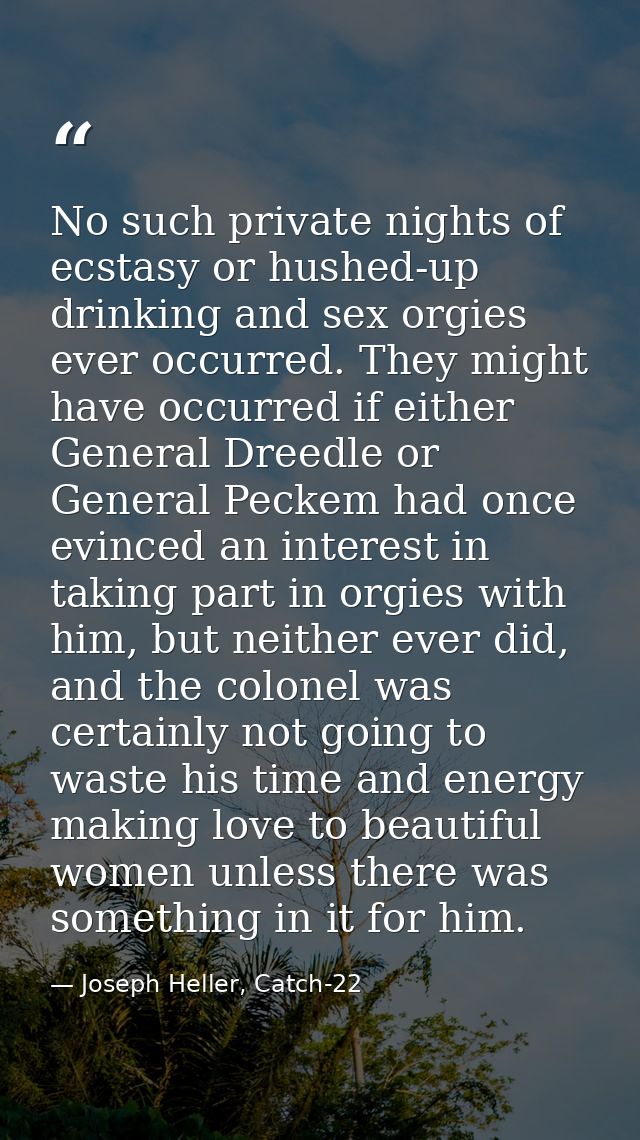 No such private nights of ecstasy or hushed-up drinking and sex orgies ever occurred. They might have occurred if either — Joseph Heller, Catch-22