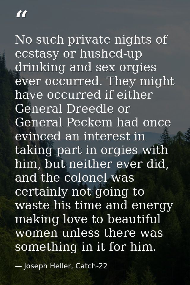 No such private nights of ecstasy or hushed-up drinking and sex orgies ever occurred. They might have occurred if either — Joseph Heller, Catch-22
