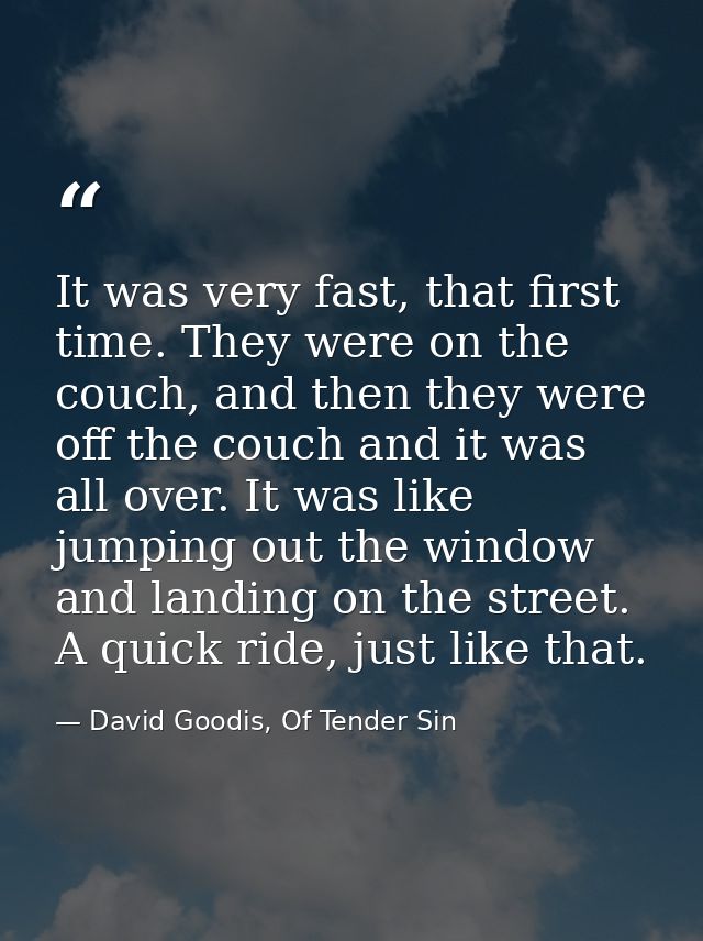 It was very fast, that first time. They were on the couch, and then they were off the couch and it was all over. It was  — David Goodis, Of Tender Sin