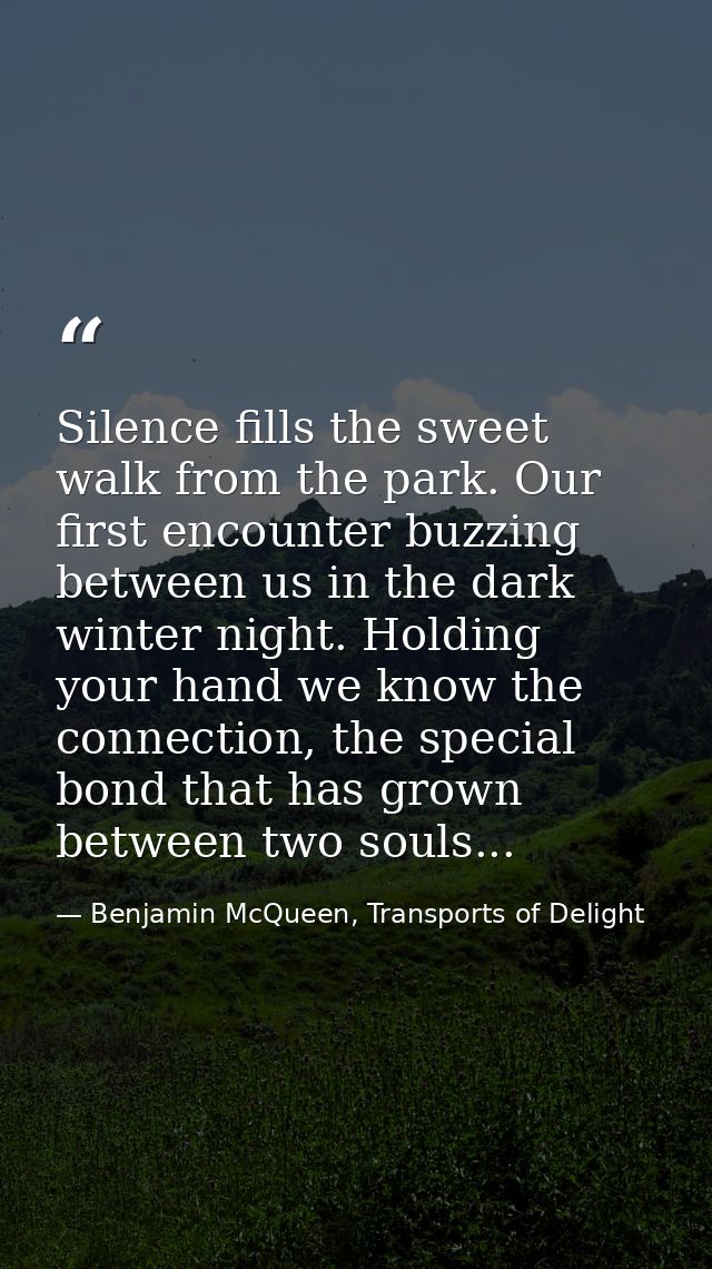 Silence fills the sweet walk from the park. Our first encounter buzzing between us in the dark winter night. Holding you — Benjamin McQueen, Transports of Delight