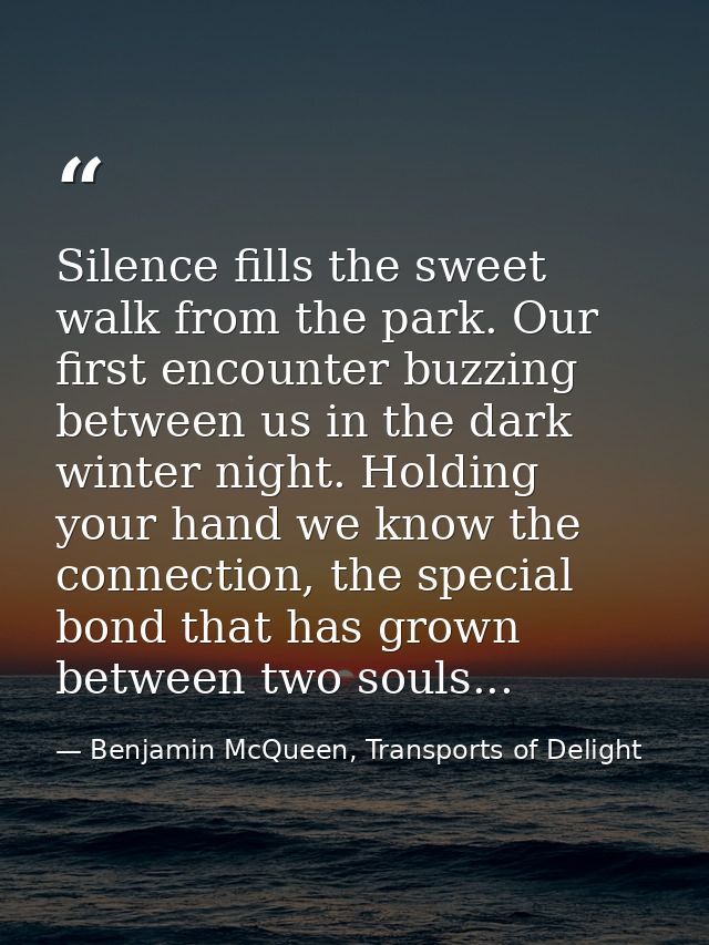 Silence fills the sweet walk from the park. Our first encounter buzzing between us in the dark winter night. Holding you — Benjamin McQueen, Transports of Delight