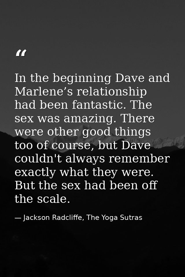 In the beginning Dave and Marlene’s relationship had been fantastic. The sex was amazing. There were other good things t — Jackson Radcliffe, The Yoga Sutras