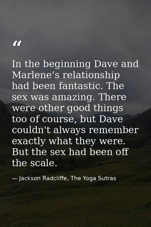 In the beginning Dave and Marlene’s relationship had been fantastic. The sex was amazing. There were other good things t — Jackson Radcliffe, The Yoga Sutras