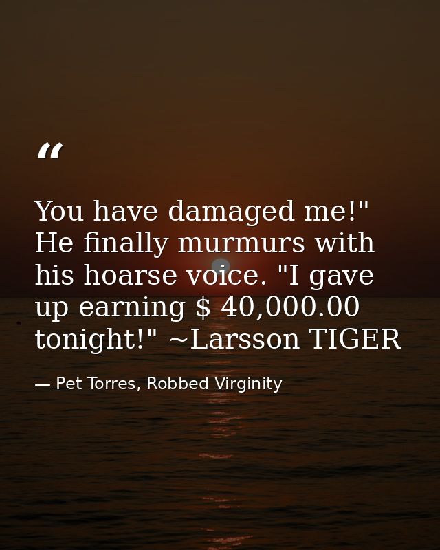 You have damaged me!" He finally murmurs with his hoarse voice. "I gave up earning $ 40,000.00 tonight!" ~Larsson TIGER — Pet Torres, Robbed Virginity