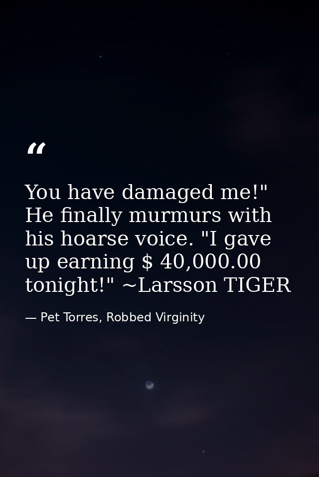 You have damaged me!" He finally murmurs with his hoarse voice. "I gave up earning $ 40,000.00 tonight!" ~Larsson TIGER — Pet Torres, Robbed Virginity