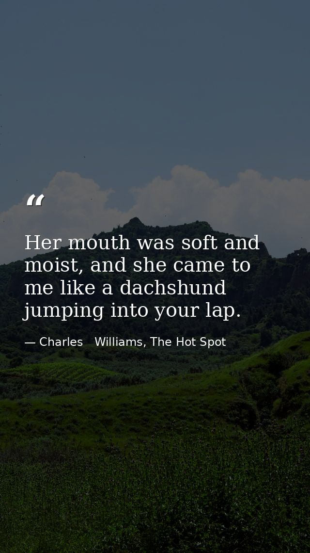 Her mouth was soft and moist, and she came to me like a dachshund jumping into your lap. — Charles   Williams, The Hot Spot