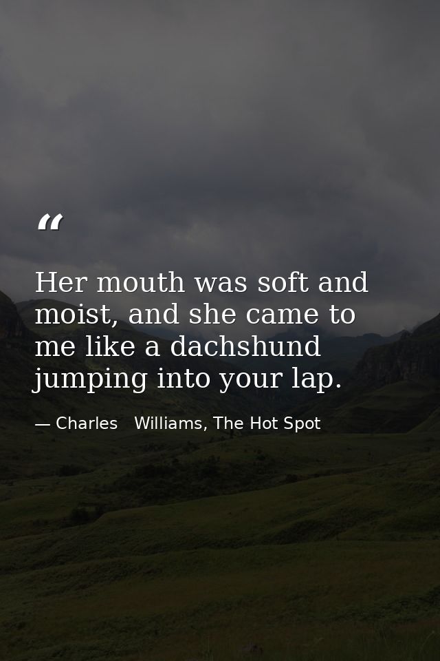 Her mouth was soft and moist, and she came to me like a dachshund jumping into your lap. — Charles   Williams, The Hot Spot