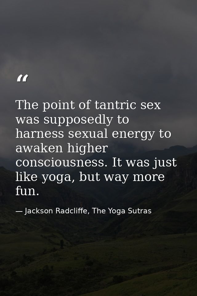 The point of tantric sex was supposedly to harness sexual energy to awaken higher consciousness. It was just like yoga,  — Jackson Radcliffe, The Yoga Sutras