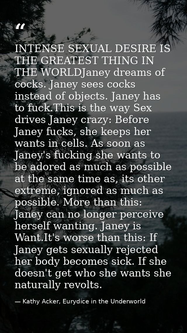 INTENSE SEXUAL DESIRE IS THE GREATEST THING IN THE WORLDJaney dreams of cocks. Janey sees cocks instead of objects. Jane — Kathy Acker, Eurydice in the Underworld