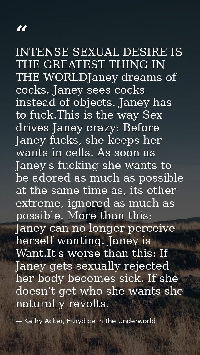 INTENSE SEXUAL DESIRE IS THE GREATEST THING IN THE WORLDJaney dreams of cocks. Janey sees cocks instead of objects. Jane — Kathy Acker, Eurydice in the Underworld
