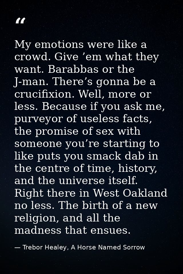 My emotions were like a crowd. Give ’em what they want. Barabbas or the J-man. There’s gonna be a crucifixion. Well, mor — Trebor Healey, A Horse Named Sorrow