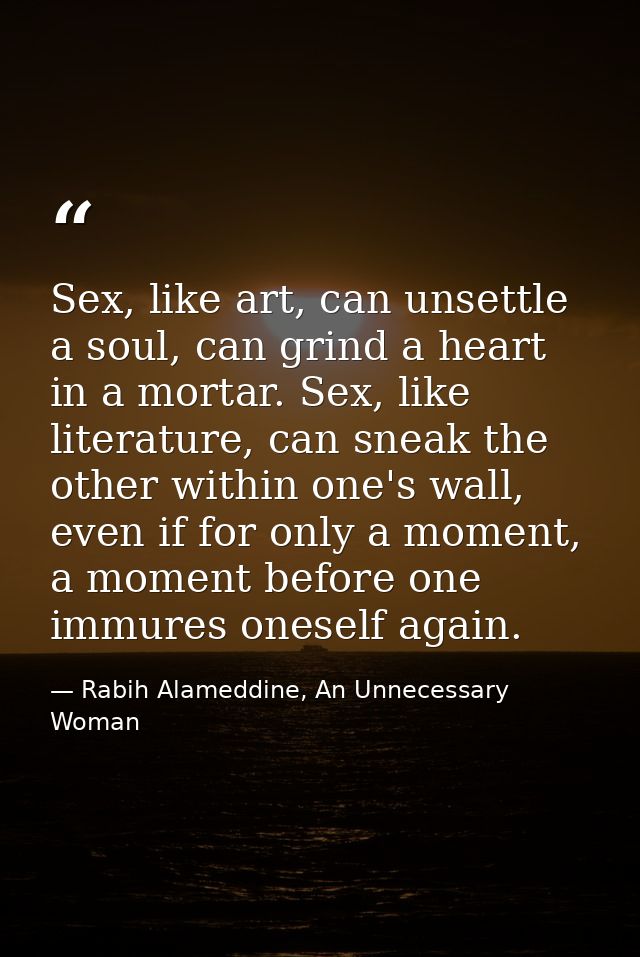 Sex, like art, can unsettle a soul, can grind a heart in a mortar. Sex, like literature, can sneak the other within one' — Rabih Alameddine, An Unnecessary Woman