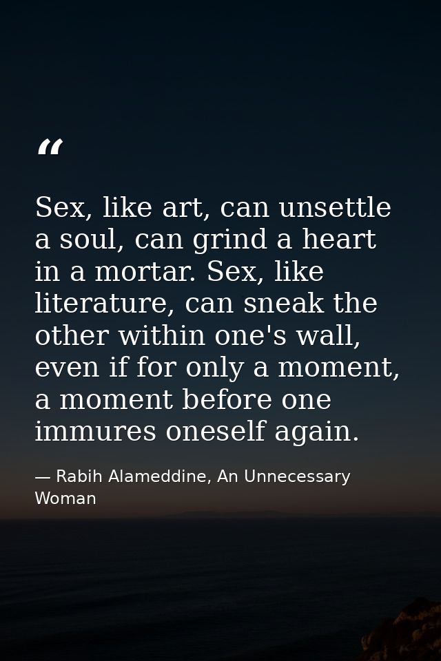 Sex, like art, can unsettle a soul, can grind a heart in a mortar. Sex, like literature, can sneak the other within one' — Rabih Alameddine, An Unnecessary Woman