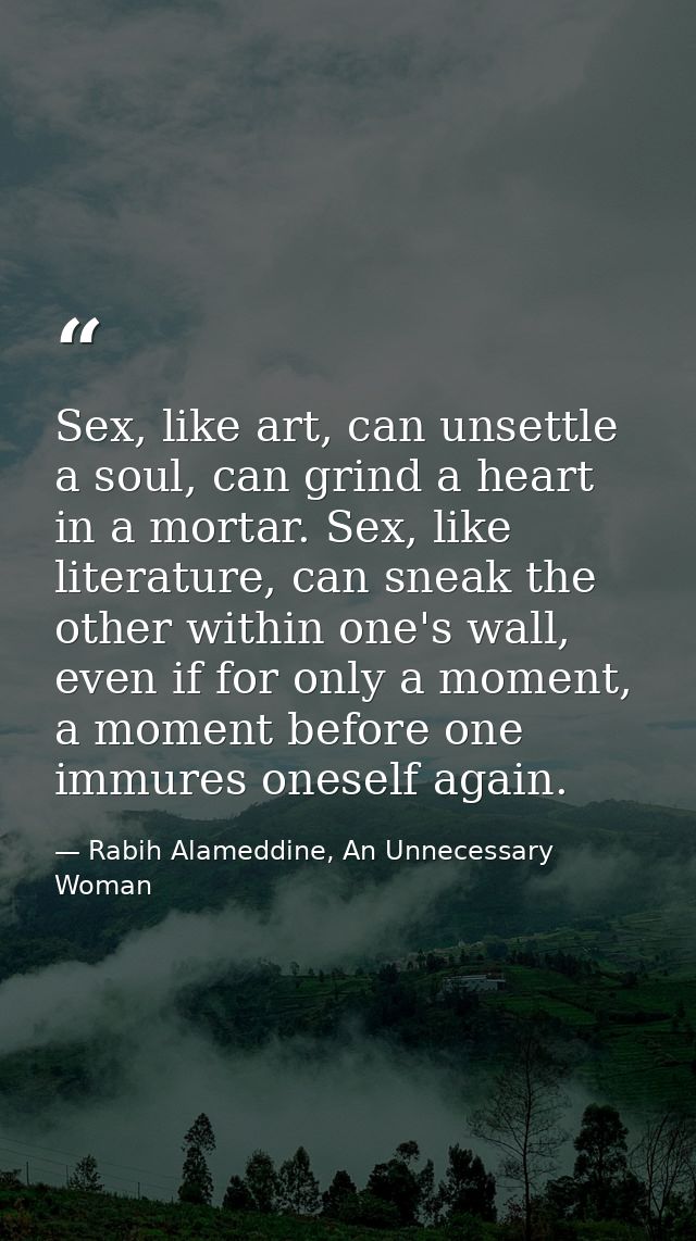 Sex, like art, can unsettle a soul, can grind a heart in a mortar. Sex, like literature, can sneak the other within one' — Rabih Alameddine, An Unnecessary Woman