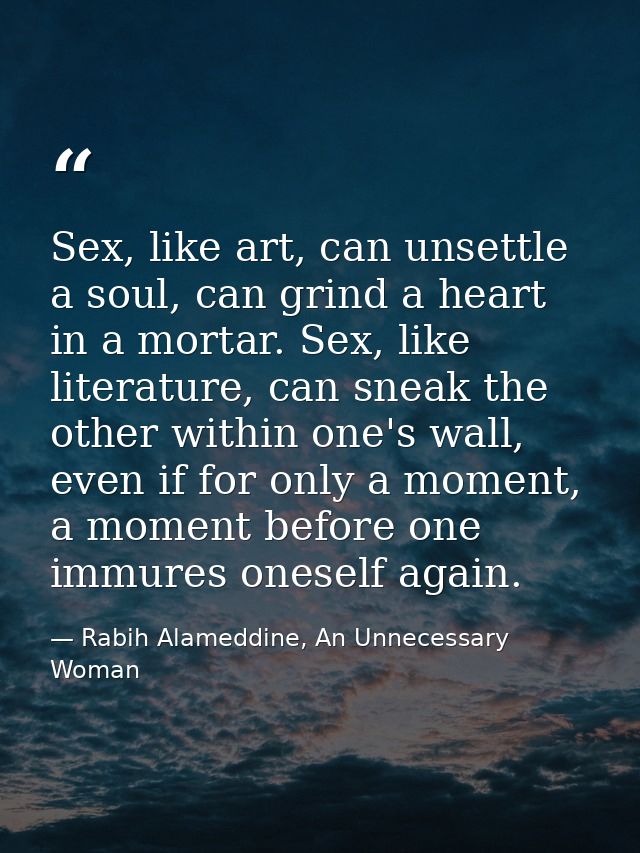 Sex, like art, can unsettle a soul, can grind a heart in a mortar. Sex, like literature, can sneak the other within one' — Rabih Alameddine, An Unnecessary Woman