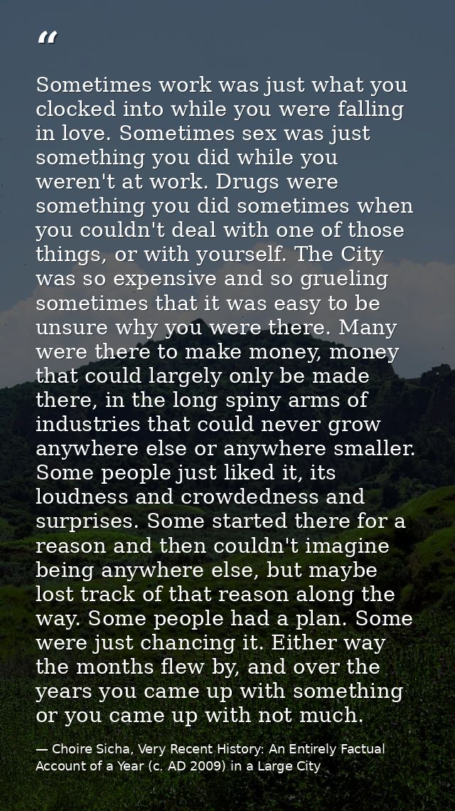 Sometimes work was just what you clocked into while you were falling in love. Sometimes sex was just something you did w — Choire Sicha, Very Recent History: An Entirely Factual Account of a Year (c. AD 2009) in a Large City