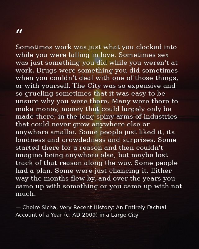 Sometimes work was just what you clocked into while you were falling in love. Sometimes sex was just something you did w — Choire Sicha, Very Recent History: An Entirely Factual Account of a Year (c. AD 2009) in a Large City