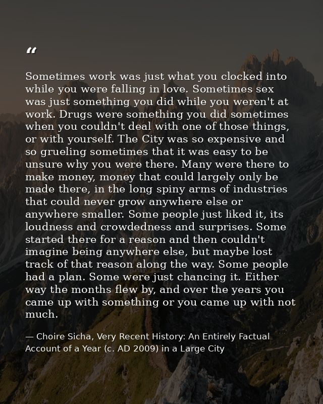 Sometimes work was just what you clocked into while you were falling in love. Sometimes sex was just something you did w — Choire Sicha, Very Recent History: An Entirely Factual Account of a Year (c. AD 2009) in a Large City