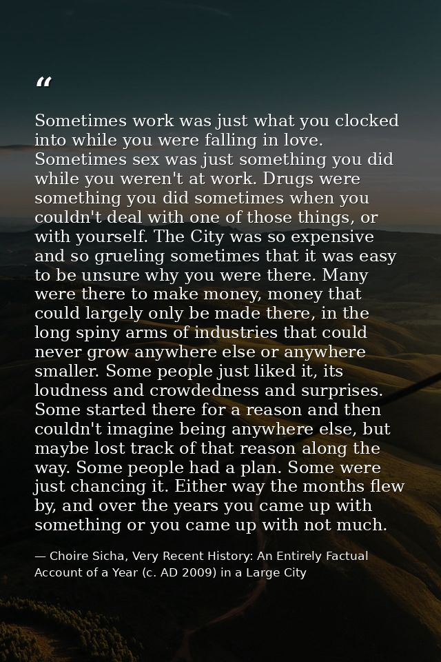 Sometimes work was just what you clocked into while you were falling in love. Sometimes sex was just something you did w — Choire Sicha, Very Recent History: An Entirely Factual Account of a Year (c. AD 2009) in a Large City