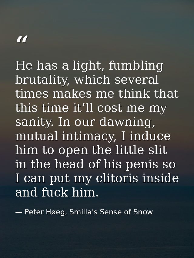 He has a light, fumbling brutality, which several times makes me think that this time it’ll cost me my sanity. In our da — Peter Høeg, Smilla's Sense of Snow