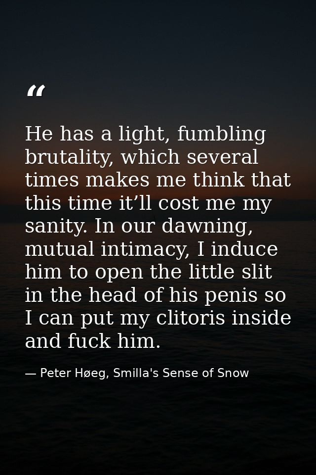 He has a light, fumbling brutality, which several times makes me think that this time it’ll cost me my sanity. In our da — Peter Høeg, Smilla's Sense of Snow