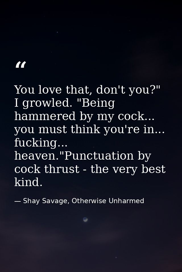 You love that, don't you?" I growled. "Being hammered by my cock... you must think you're in... fucking... heaven."Punct — Shay Savage, Otherwise Unharmed