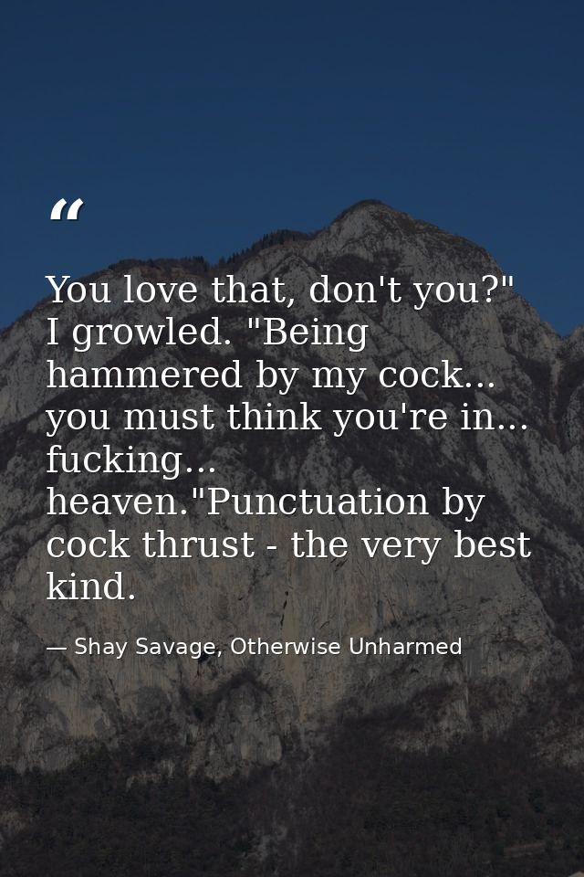 You love that, don't you?" I growled. "Being hammered by my cock... you must think you're in... fucking... heaven."Punct — Shay Savage, Otherwise Unharmed