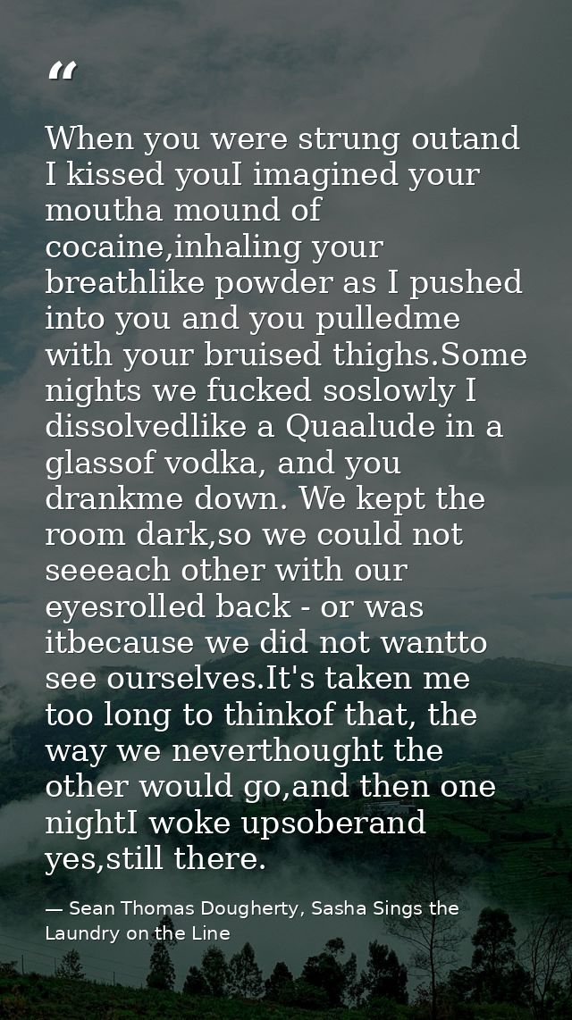 When you were strung outand I kissed youI imagined your moutha mound of cocaine,inhaling your breathlike powder as I pus — Sean Thomas Dougherty, Sasha Sings the Laundry on the Line