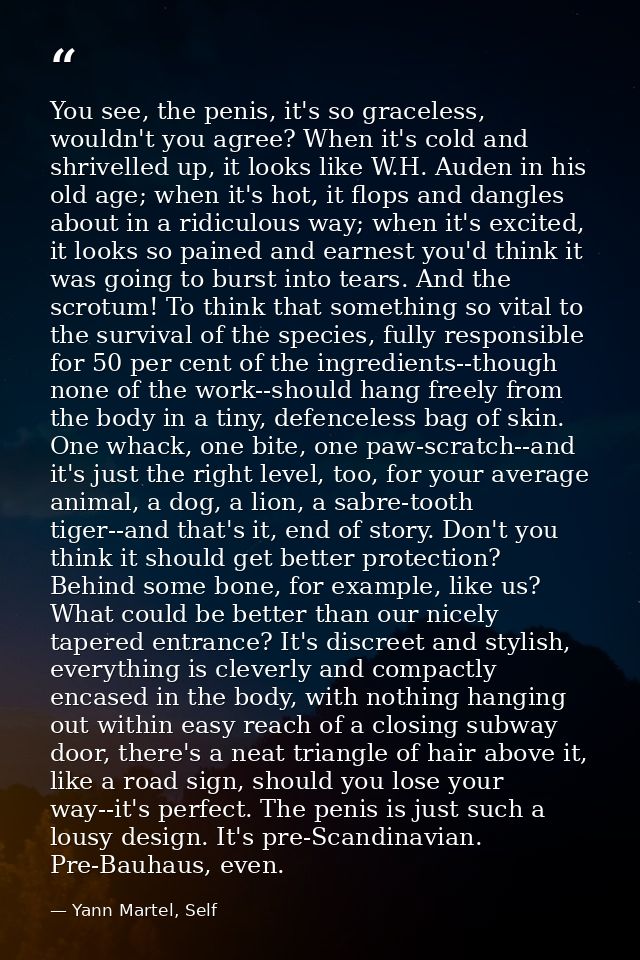 You see, the penis, it's so graceless, wouldn't you agree? When it's cold and shrivelled up, it looks like W.H. Auden in — Yann Martel, Self