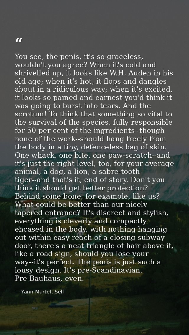 You see, the penis, it's so graceless, wouldn't you agree? When it's cold and shrivelled up, it looks like W.H. Auden in — Yann Martel, Self
