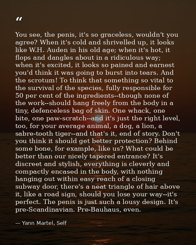 You see, the penis, it's so graceless, wouldn't you agree? When it's cold and shrivelled up, it looks like W.H. Auden in — Yann Martel, Self