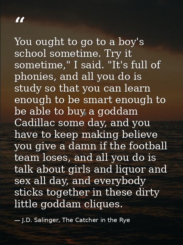 You ought to go to a boy's school sometime. Try it sometime," I said. "It's full of phonies, and all you do is study so  — J.D. Salinger, The Catcher in the Rye