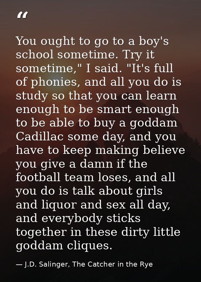 You ought to go to a boy's school sometime. Try it sometime," I said. "It's full of phonies, and all you do is study so  — J.D. Salinger, The Catcher in the Rye