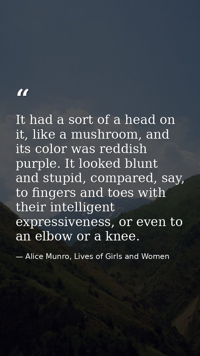 It had a sort of a head on it, like a mushroom, and its color was reddish purple. It looked blunt and stupid, compared,  — Alice Munro, Lives of Girls and Women