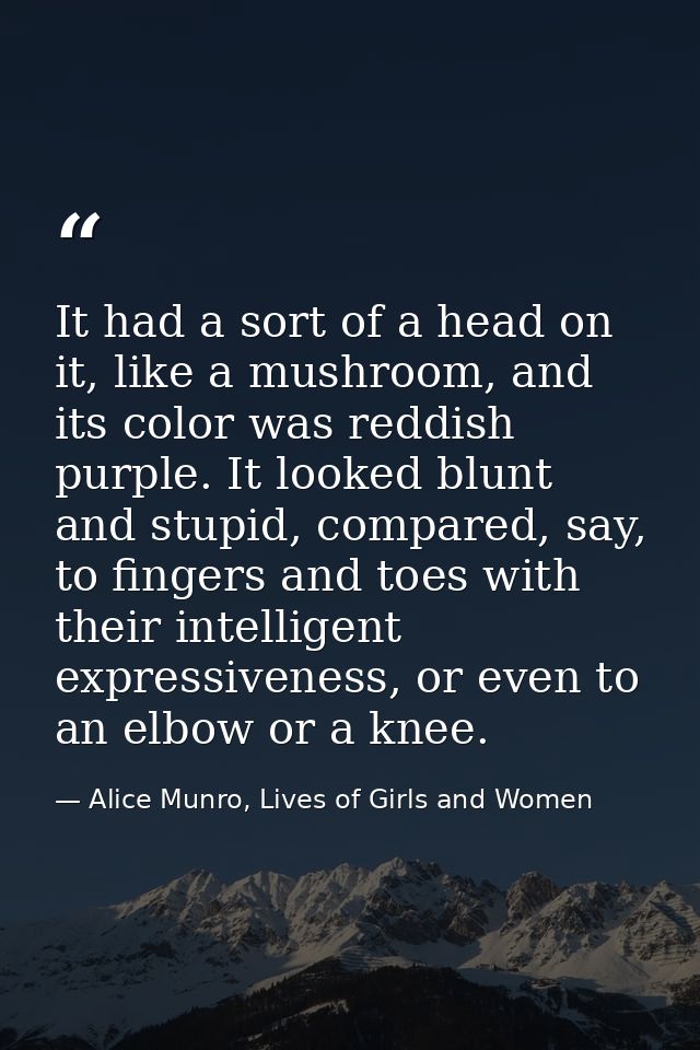 It had a sort of a head on it, like a mushroom, and its color was reddish purple. It looked blunt and stupid, compared,  — Alice Munro, Lives of Girls and Women